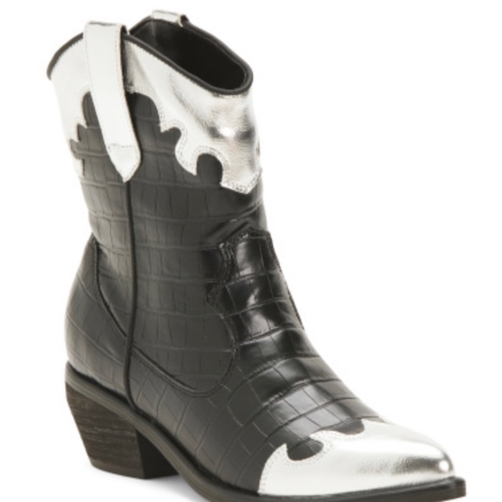 MIA Western Black Silver Croc Embossed Pointed Toe 2” Pull-on Ankle Boots 7.5 M